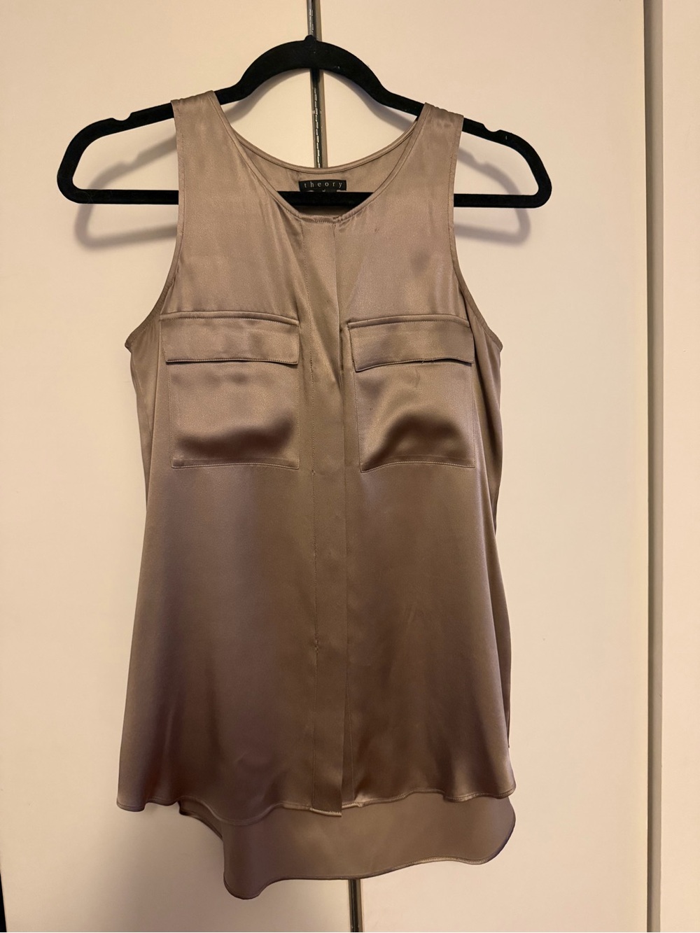 Theory Satin Pocket Tank Top — Taupe Brown